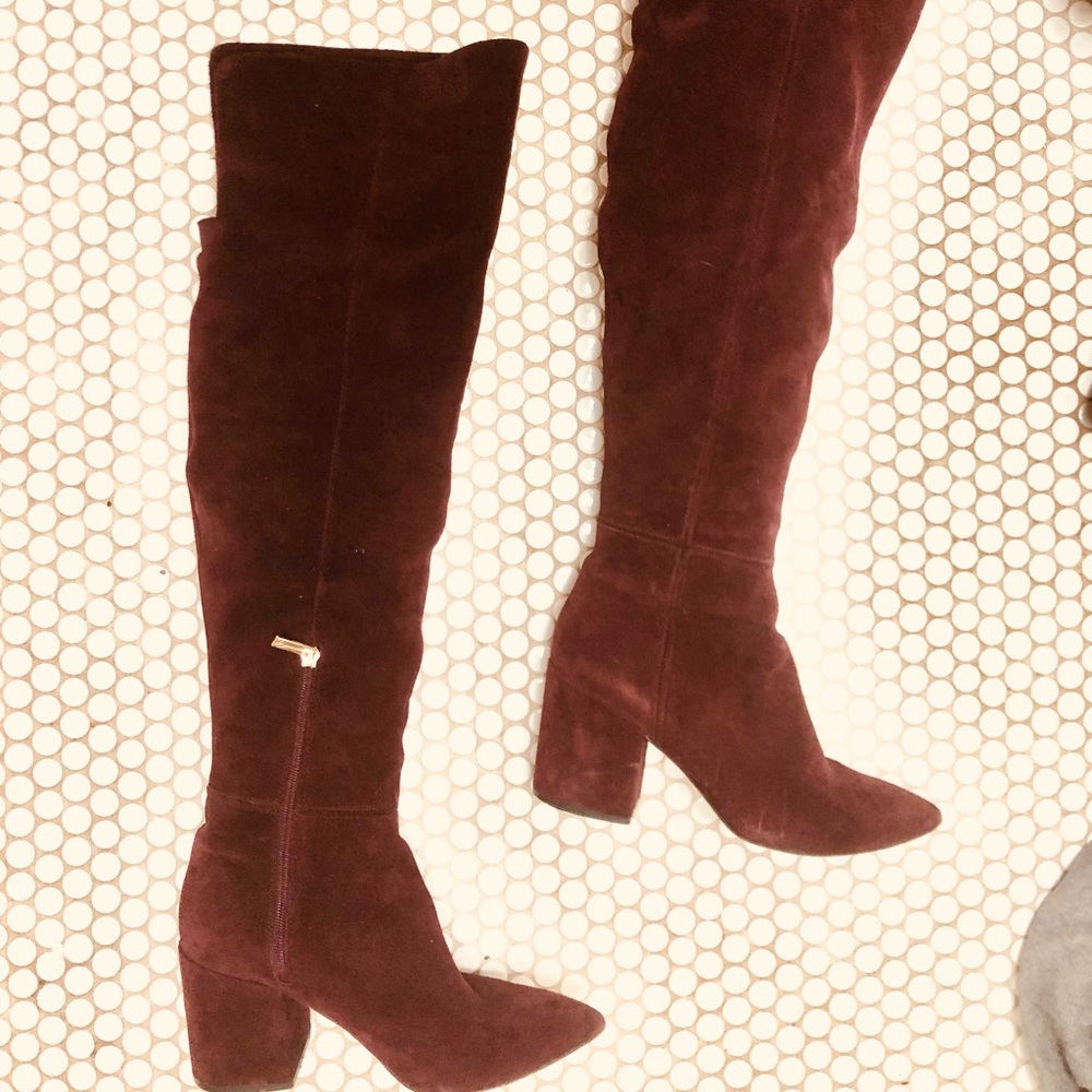 Burgundy suede over knee block heel boots 10